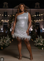 Sequin Bodycon One Shoulder Plus Size Dresses with Feather