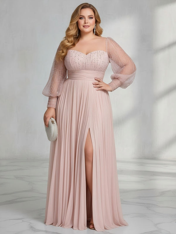 Chiffon A-Line Sweetheart Beaded Plus Size Dresses