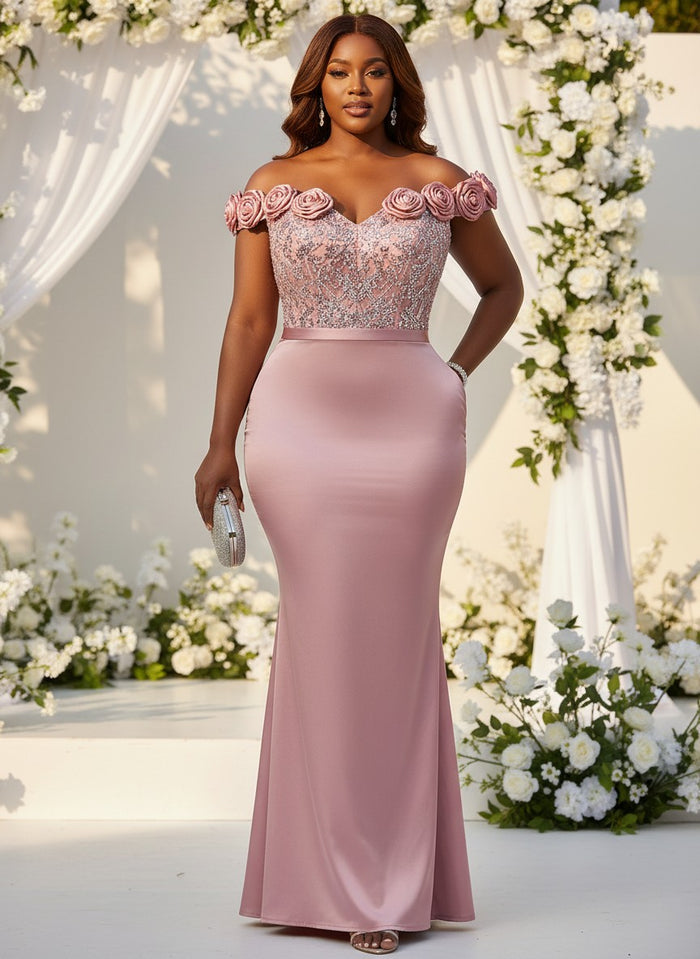 Satin Mermaid Off the Shoulder Plus Size Dresses with 3D Flowers