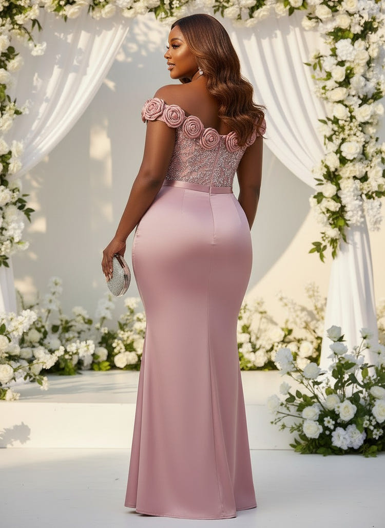 Satin Mermaid Off the Shoulder Plus Size Dresses with 3D Flowers