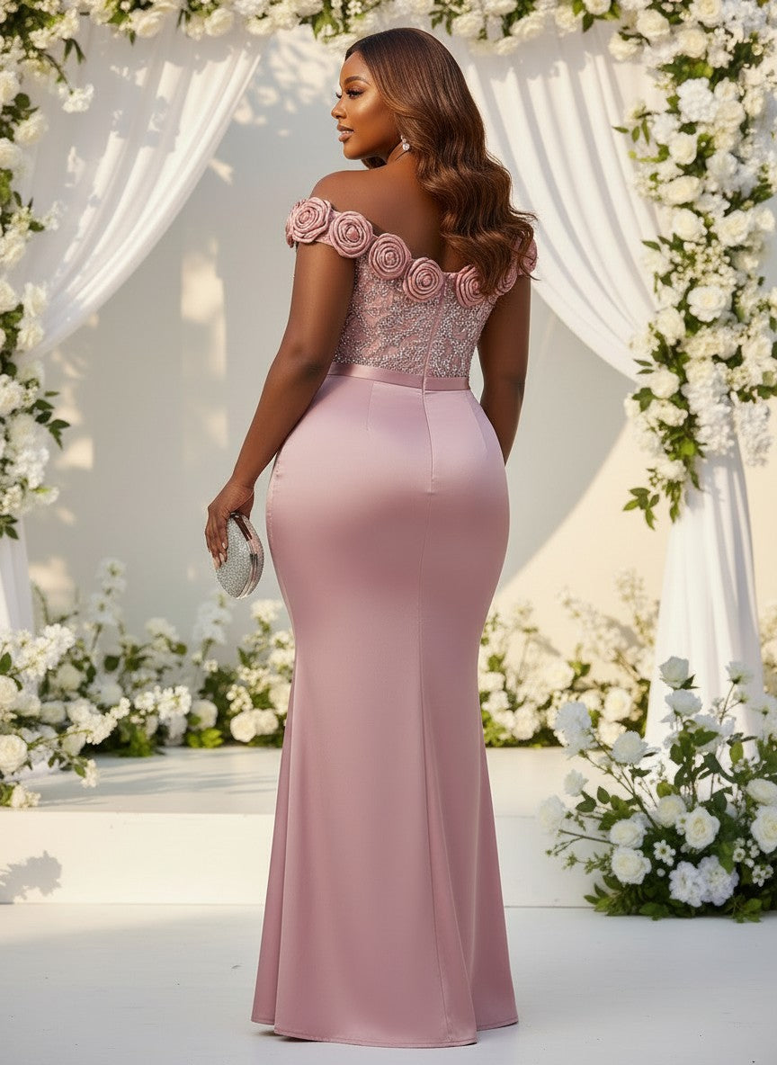 Satin Mermaid Off the Shoulder Plus Size Dresses with 3D Flowers
