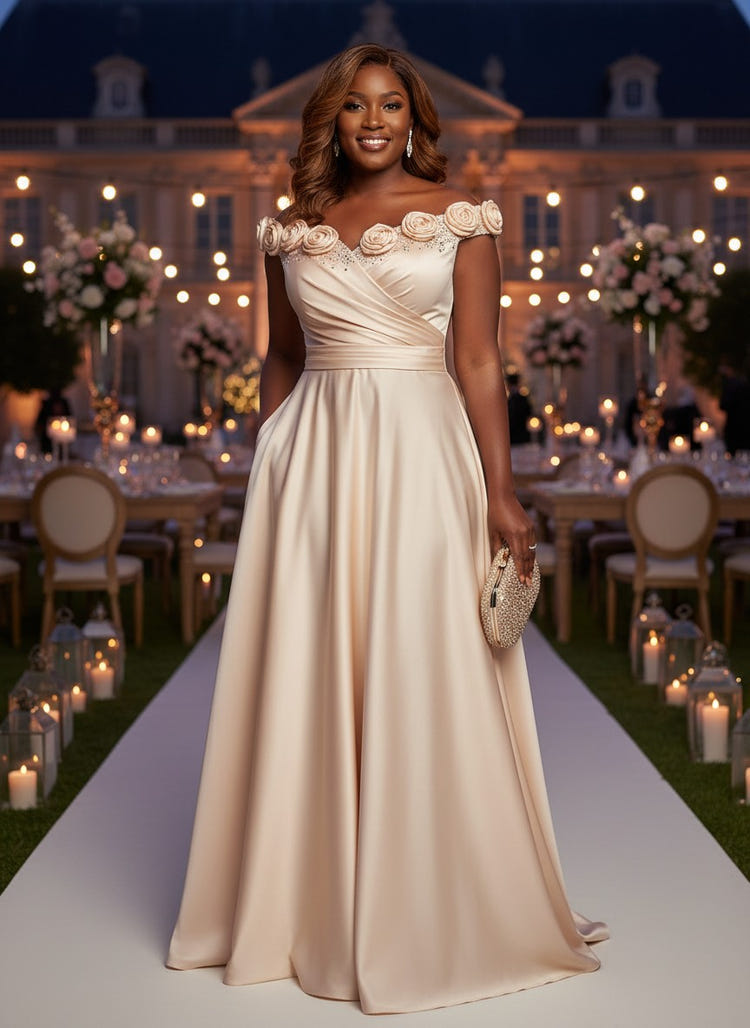 Satin A-Line Off the Shoulder Plus Size Dresses with 3D Flowers