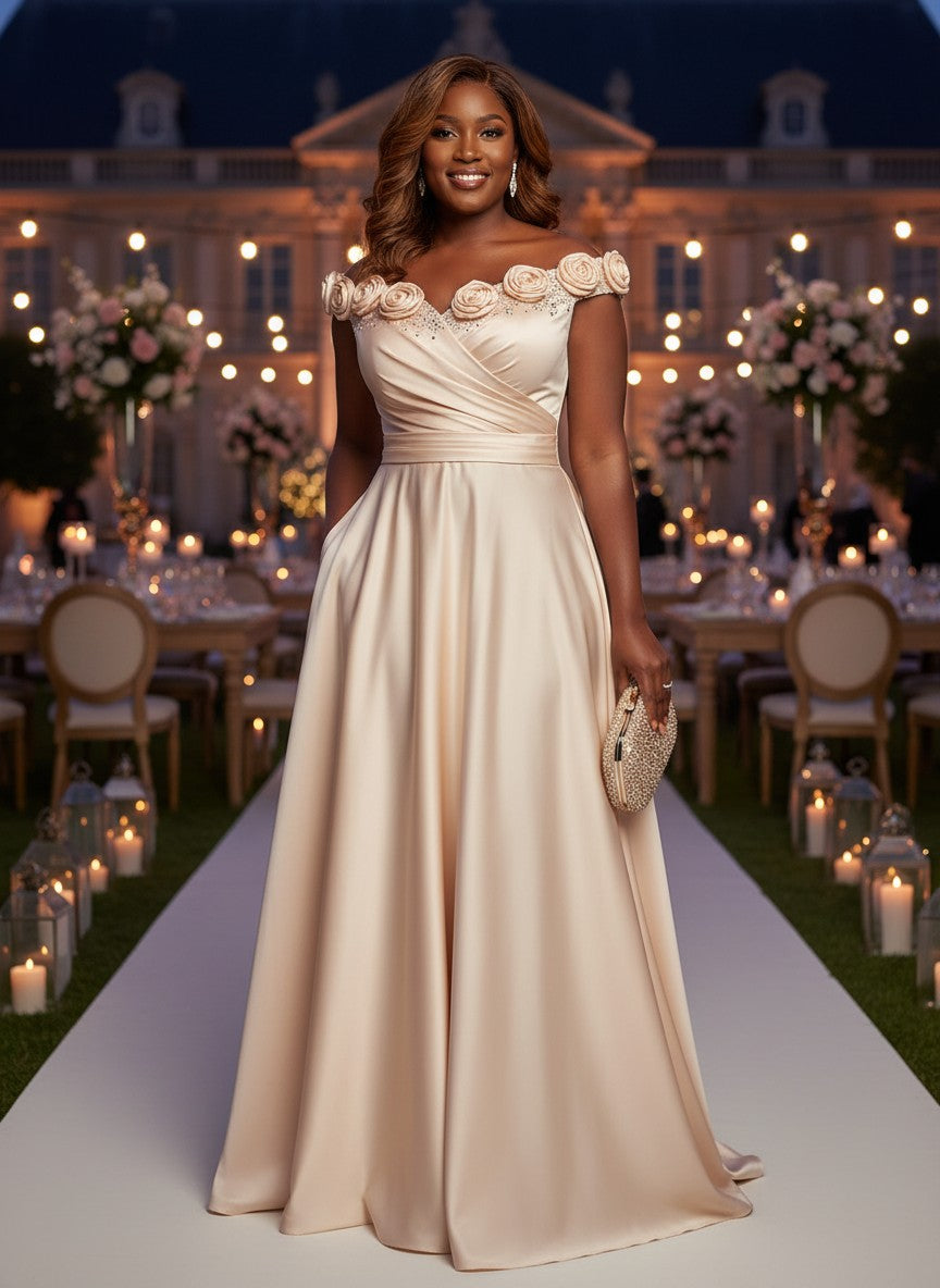 Satin A-Line Off the Shoulder Plus Size Dresses with 3D Flowers