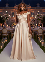 Satin A-Line Off the Shoulder Plus Size Dresses with 3D Flowers