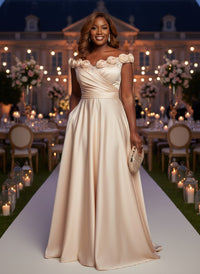 Satin A-Line Off the Shoulder Plus Size Dresses with 3D Flowers