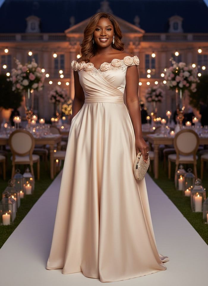 Satin A-Line Off the Shoulder Plus Size Dresses with 3D Flowers