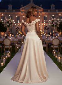 Satin A-Line Off the Shoulder Plus Size Dresses with 3D Flowers