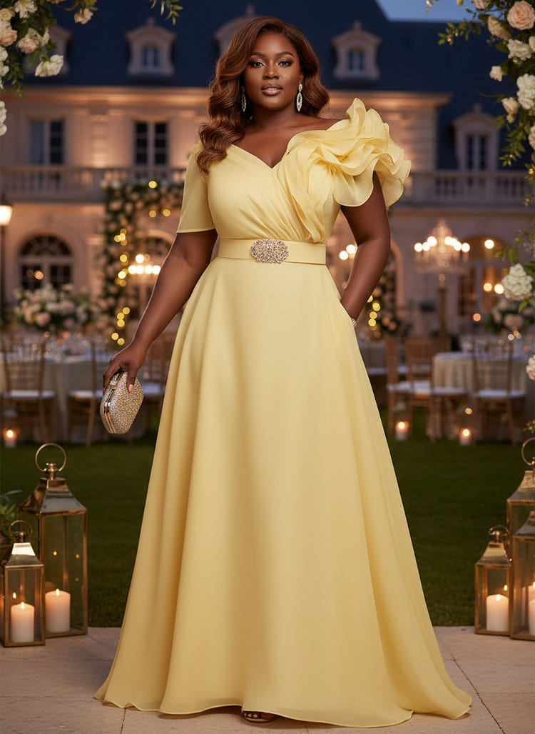 Chiffon A-Line V Neck Plus Size Dresses with Ruffles