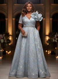 Jacquard A-Line V Neck Plus Size Dresses with Ruffles