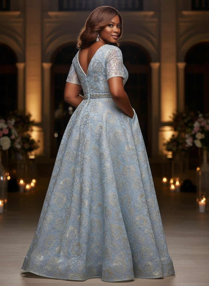 Jacquard A-Line V Neck Plus Size Dresses with Ruffles