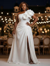 Satin A-Line One Shoulder Plus Size Dresses with 3D Flowers