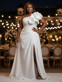 Satin A-Line One Shoulder Plus Size Dresses with 3D Flowers