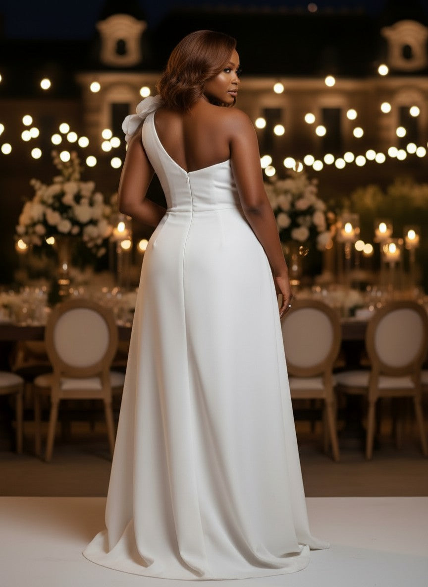 Satin A-Line One Shoulder Plus Size Dresses with 3D Flowers