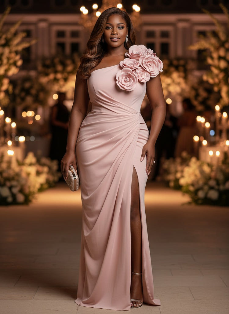 Satin Mermaid One Shoulder Plus Size Dresses with 3D Flowers