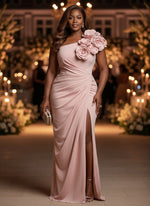 Satin Mermaid One Shoulder Plus Size Dresses with 3D Flowers
