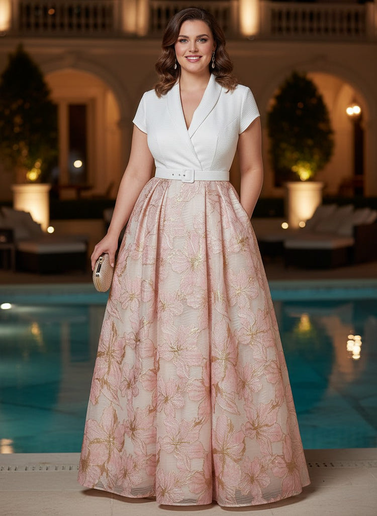 Jacquard A-Line V Neck Plus Size Dresses with Floral Embroidery