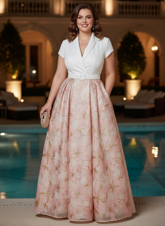 Jacquard A-Line V Neck Plus Size Dresses with Floral Embroidery