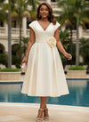 Satin A-Line V Neck Plus Size Dresses with 3D Flowers