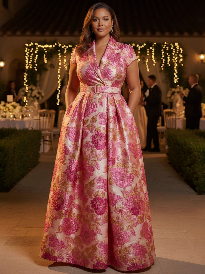 Jacquard A-Line V Neck Plus Size Dresses with Sash