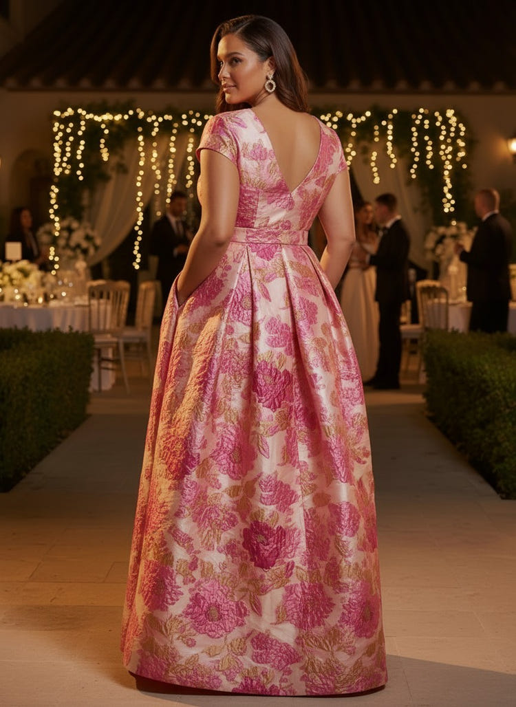 Jacquard A-Line V Neck Plus Size Dresses with Sash