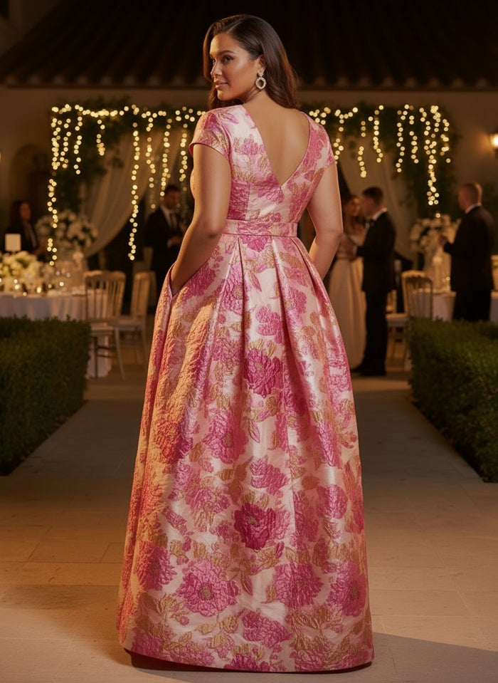 Jacquard A-Line V Neck Plus Size Dresses with Sash