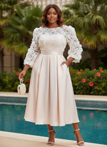 Satin A-Line Crew Neck Plus Size Dresses with 3D Flowers