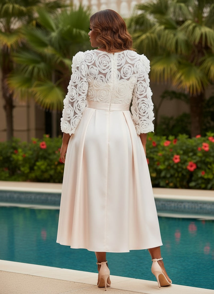 Satin A-Line Crew Neck Plus Size Dresses with 3D Flowers
