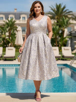 Jacquard A-Line V Neck Pleated Plus Size Dresses