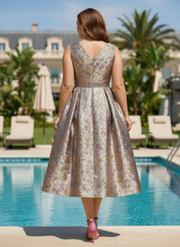 Jacquard A-Line V Neck Pleated Plus Size Dresses