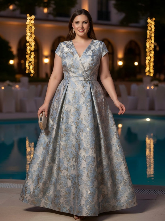 Jacquard A-Line V Neck Floral Plus Size Dresses