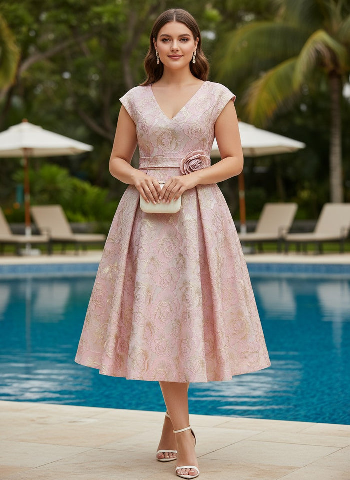 Jacquard A-Line V Neck Plus Size Dresses with 3D Flowers