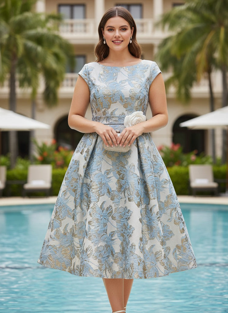 Jacquard A-Line Boat Neck  Plus Size Dresses with 3D Flowers