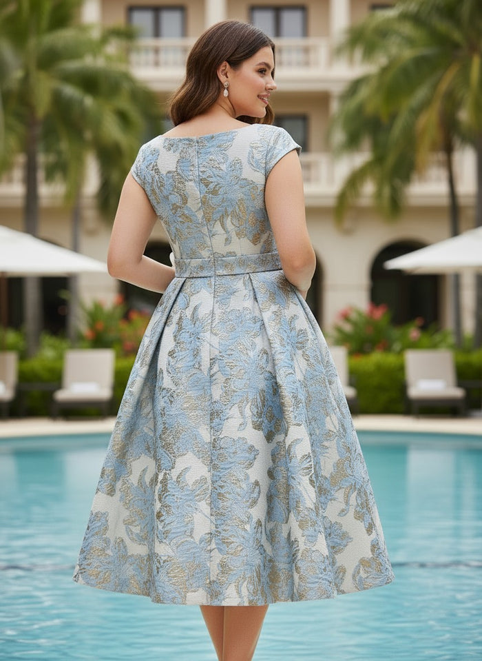Jacquard A-Line Boat Neck  Plus Size Dresses with 3D Flowers