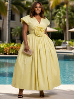 Satin A-Line V Neck Plus Size Dresses with 3D Flowers