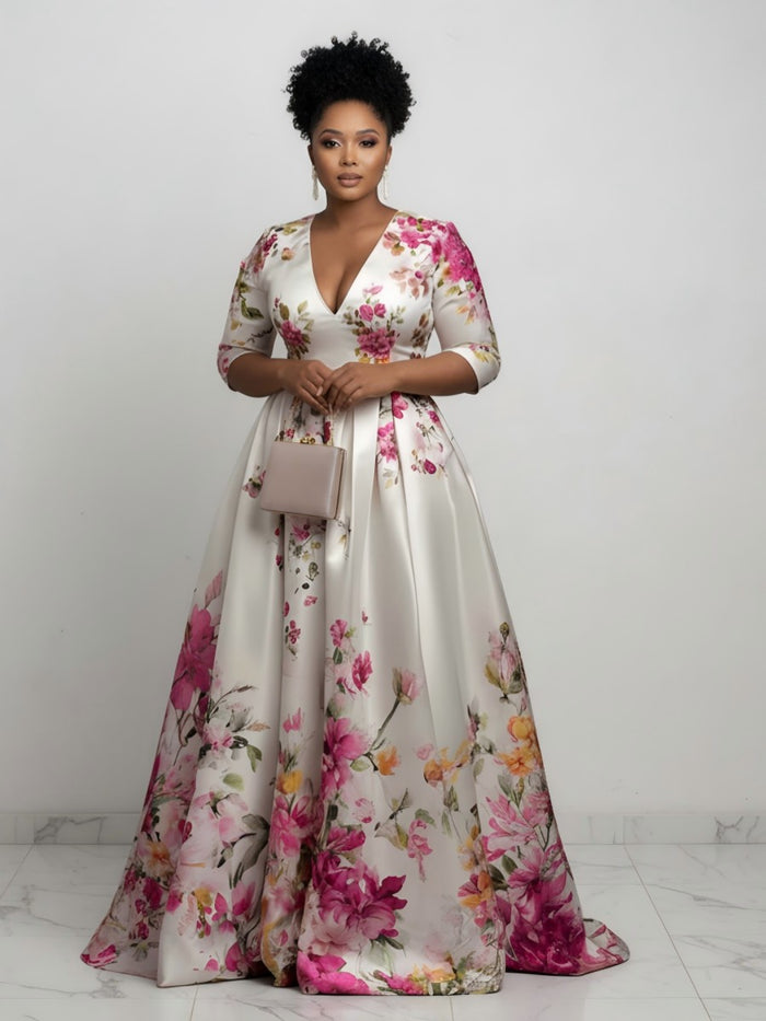 Satin A-Line V Neck Plus Size Dresses with Floral Embroidery
