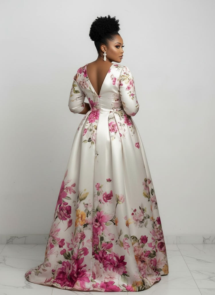 Satin A-Line V Neck Plus Size Dresses with Floral Embroidery