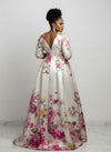 Satin A-Line V Neck Plus Size Dresses with Floral Embroidery