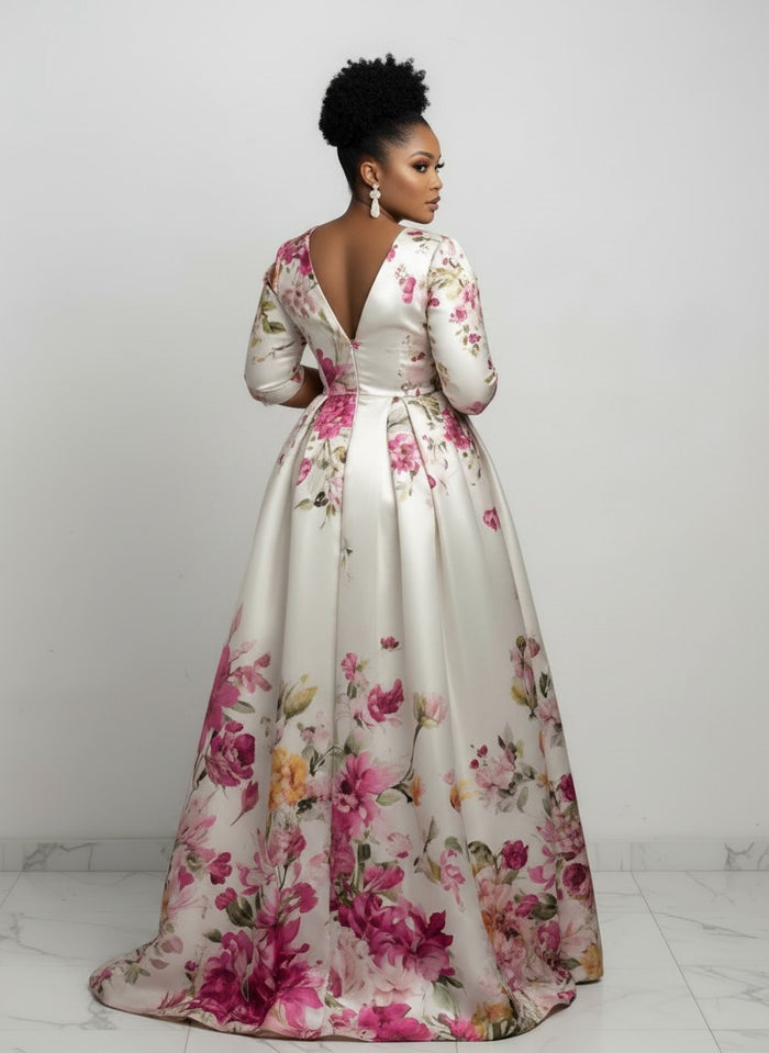Satin A-Line V Neck Plus Size Dresses with Floral Embroidery