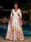 Satin A-Line V Neck Plus Size Dresses with Floral Print
