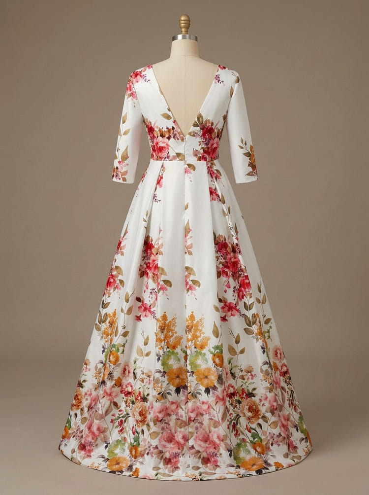 Satin A-Line V Neck Plus Size Dresses with Floral Print