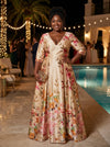 Satin A-Line V Neck Plus Size Dresses with Floral Print