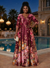 Satin A-Line V Neck Plus Size Dresses with Floral Print