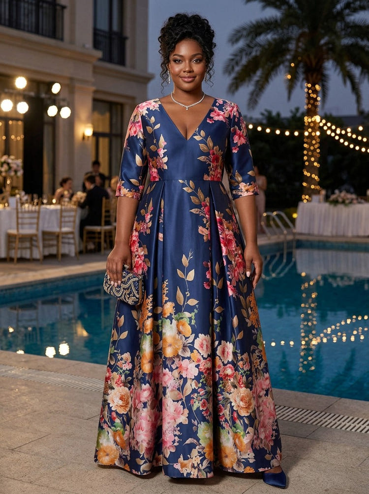 Satin A-Line V Neck Plus Size Dresses with Floral Print