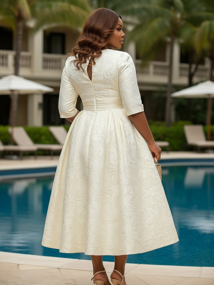 Jacquard A-Line V Neck Delicate Pleated Plus Size Dresses