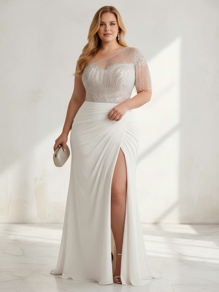 Chiffon Mermaid One Shoulder Beaded Plus Size Dresses