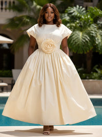 Satin A-Line Crew Neck Plus Size Dresses with 3D Flowers