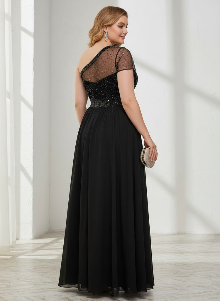 Chiffon A-Line One Shoulder Beaded Plus Size Dresses