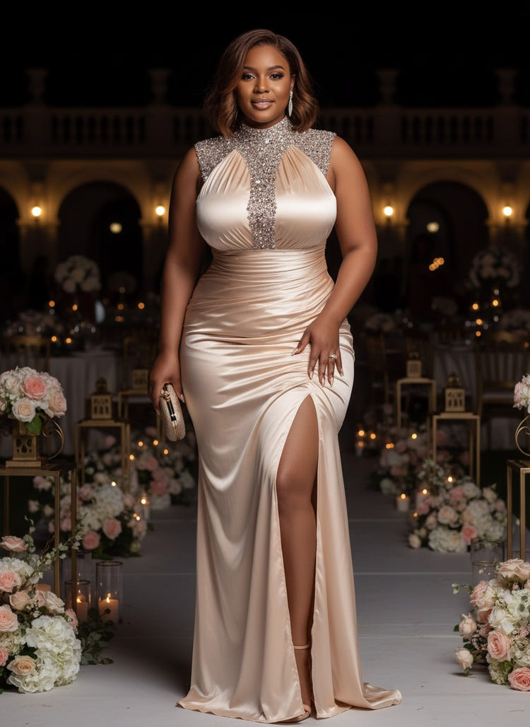 Satin Mermaid High Neck Plus Size Dresses with Sequin