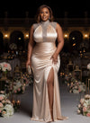 Satin Mermaid High Neck Plus Size Dresses with Sequin