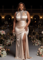 Satin Mermaid High Neck Plus Size Dresses with Sequin